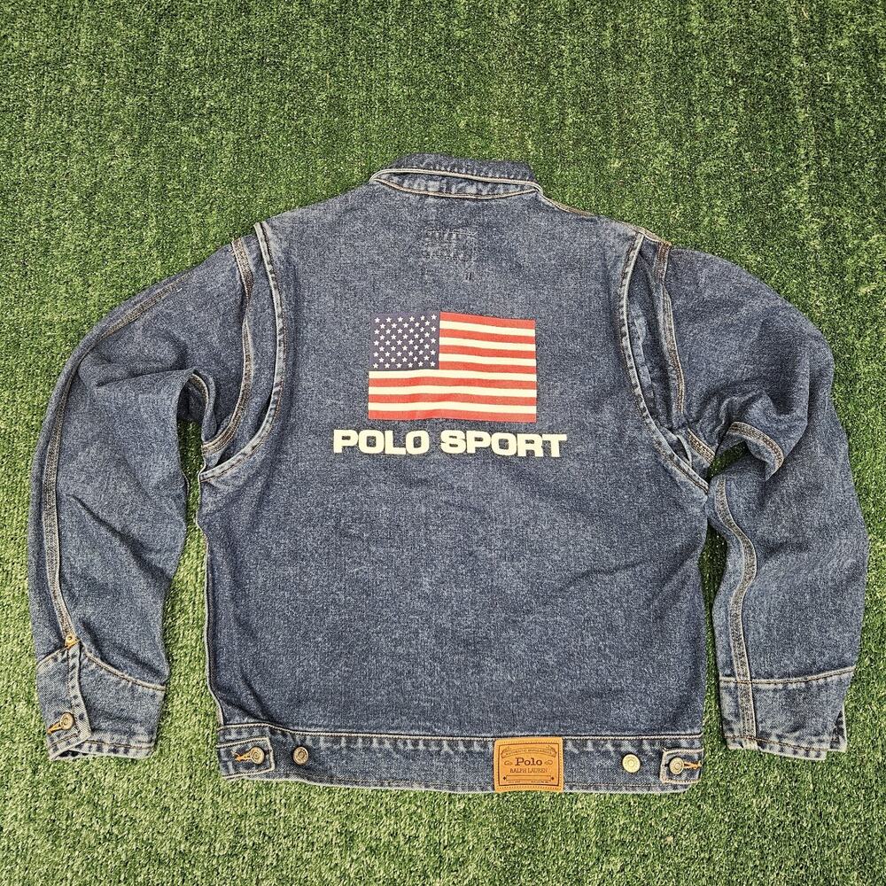 Vintage Ralph Lauren Polo Sport USA Flag Denim Jacket Men Large Blue Trucker NEW
